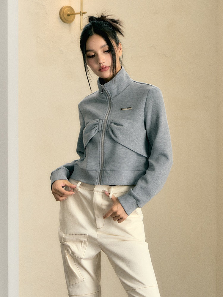 Ribbon Design Stand Collar Sweat Jacket