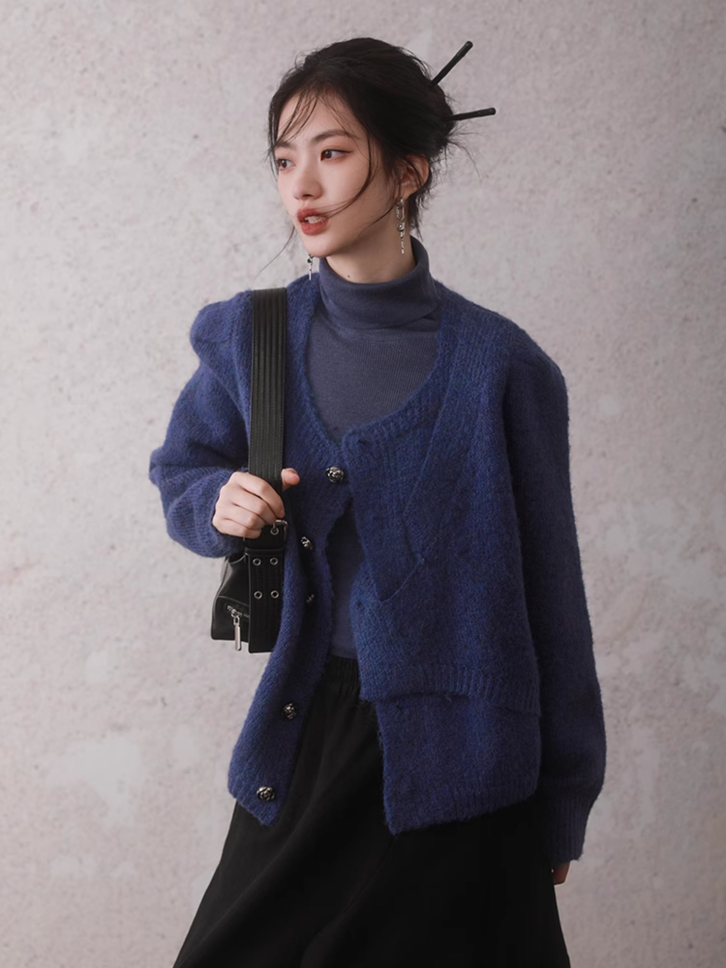 Irregular Button Round Neck Knitted Cardigan