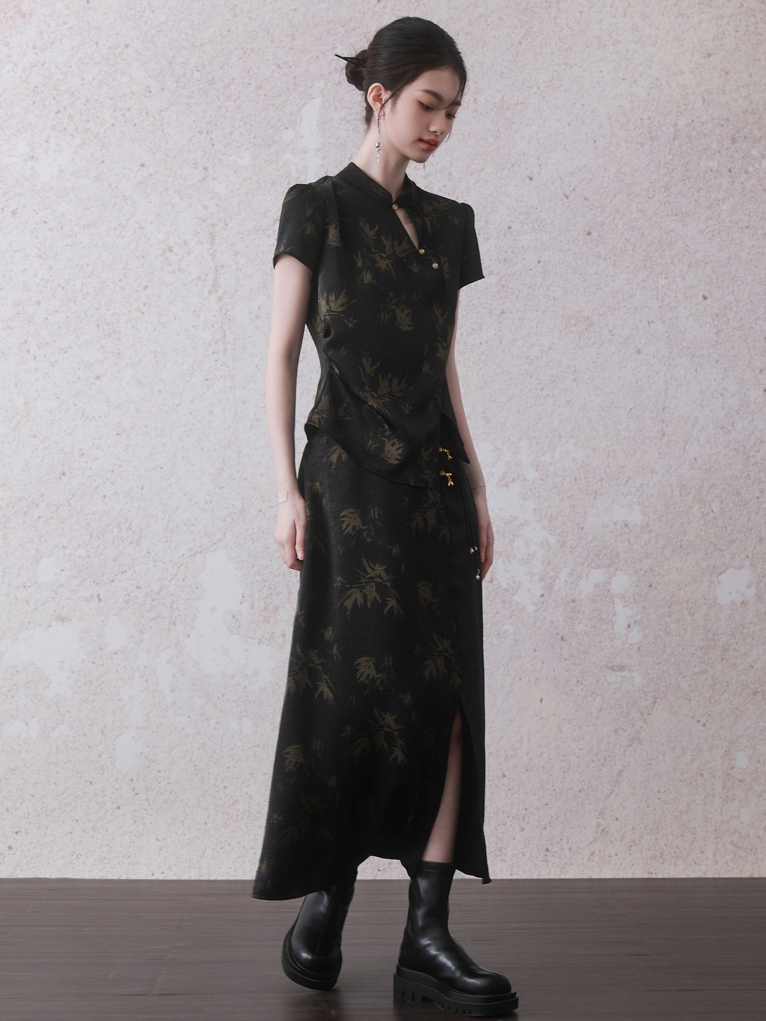 Chinese Style Bamboo Print Short Sleeve Shirt & A-Line Skirt