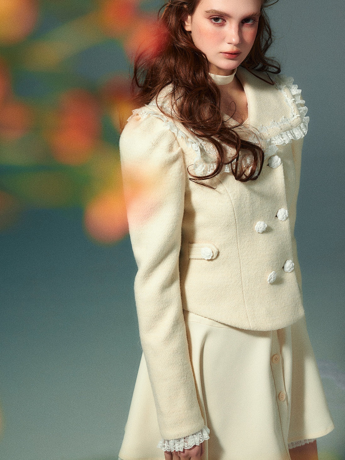 Lace Navy Collar Double-Blest Jacket & Skirt