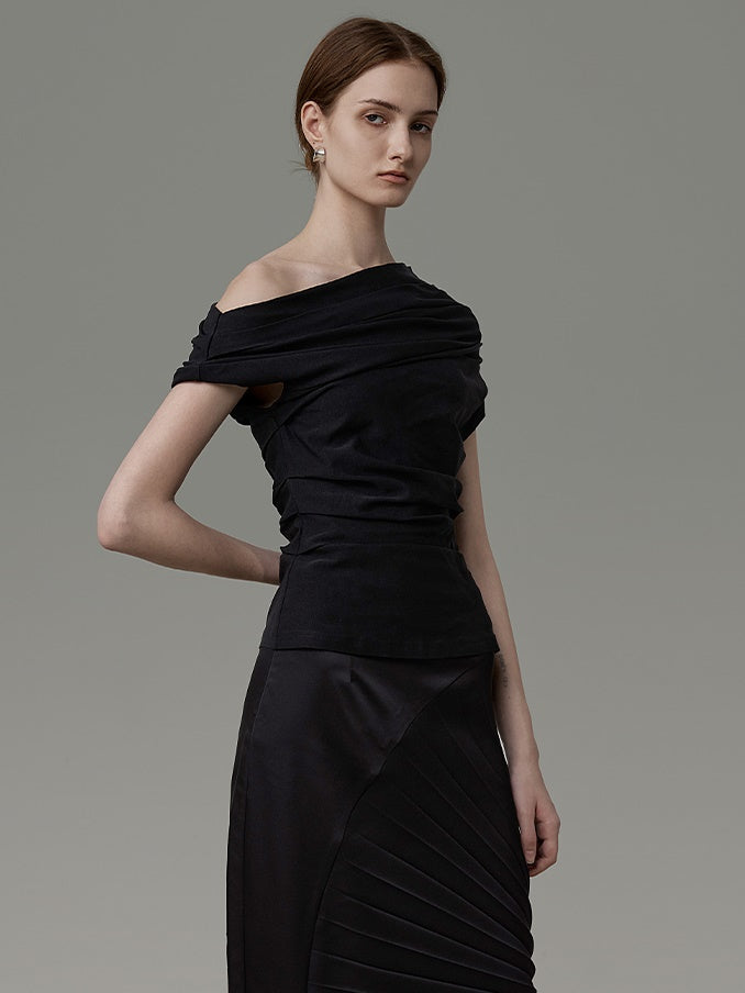Elastic Slanted Shoulder Pleat Top