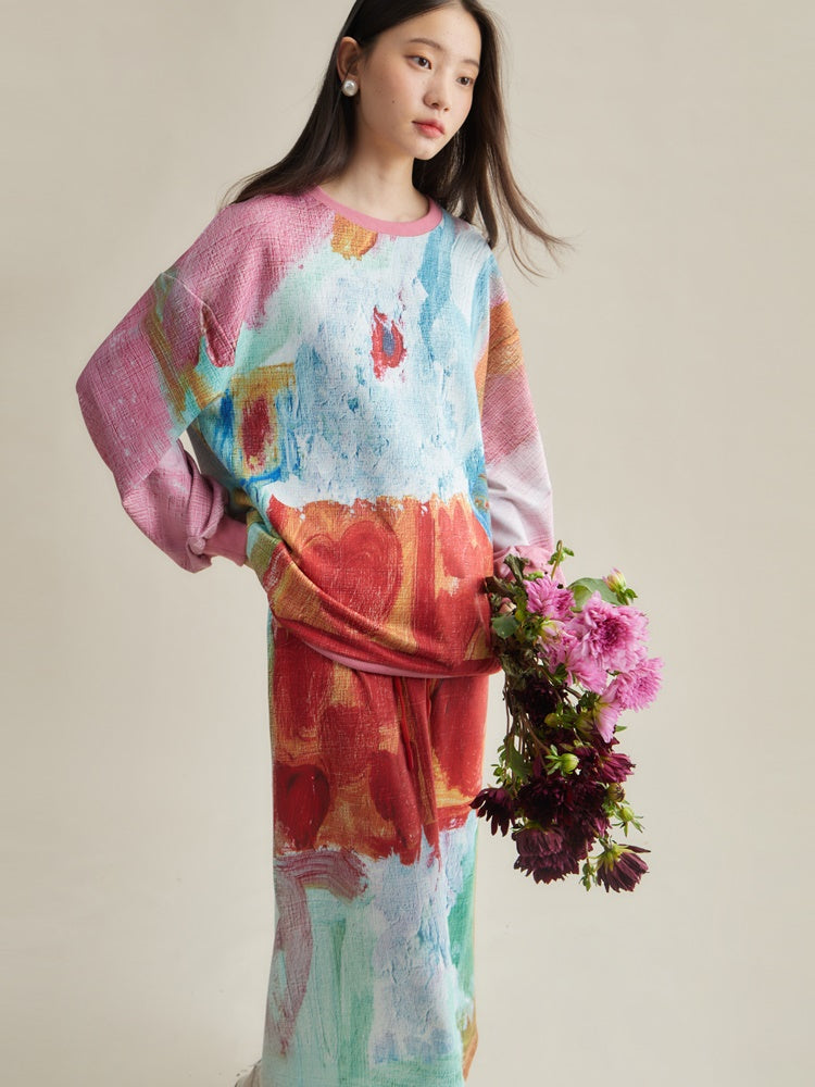 Oil Painting Taste Printed Sweat & Skirt