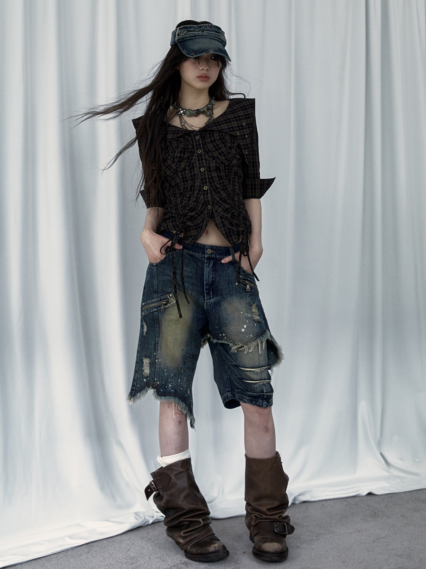 Palace Distressed Pleated Plaid Short Mid-sleeve Shirt
