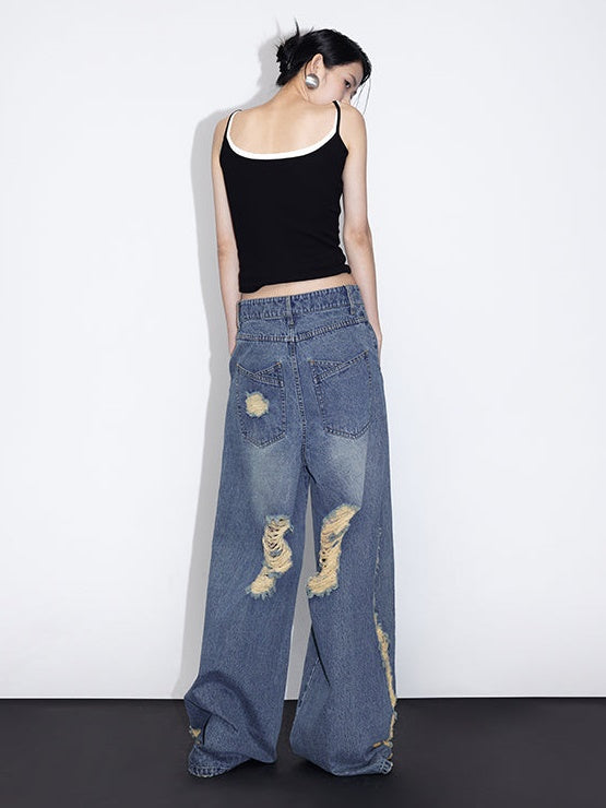 Pinched Pleats Wide-leg Denim Pants