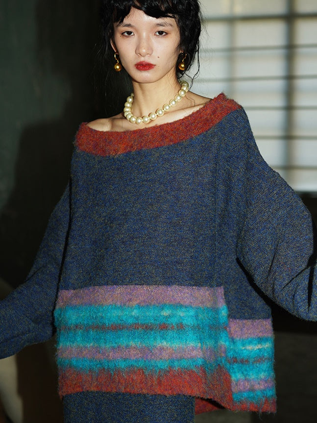 Contrast Color Border Design Loose Sweater & Knitted Skirt