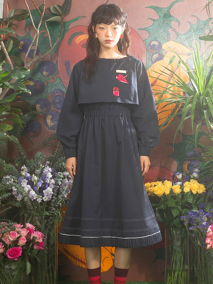 Lily Embroidery Layered Design Waist Shape One-piece