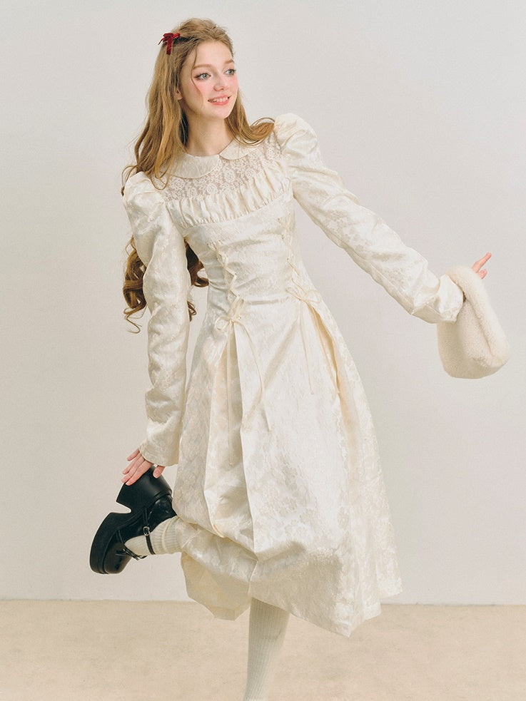 Jacquard Lace-Up Tuck Pleated Dress