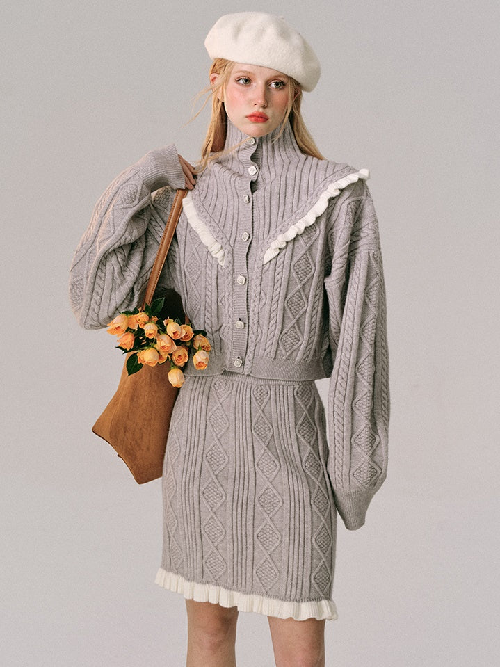 Hoher Hals gehäkelt Holzohr Strickjacke & Rock