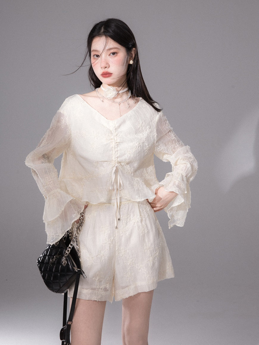 Blumengestickte Kordeltresshemd & Shorts Setup