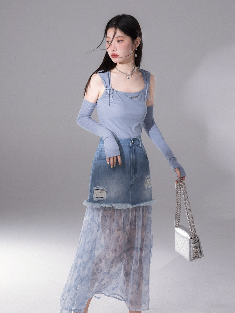 Ribbon Sleeveless Top & Arm Cover