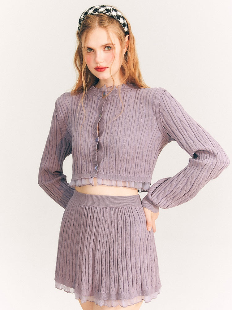 레이스 트리밍 케이블 니트 가디건 & 스커트