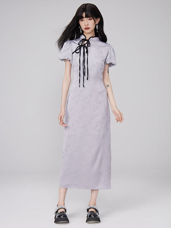 Color Trim Chinese Style Puff Sleeve Dress