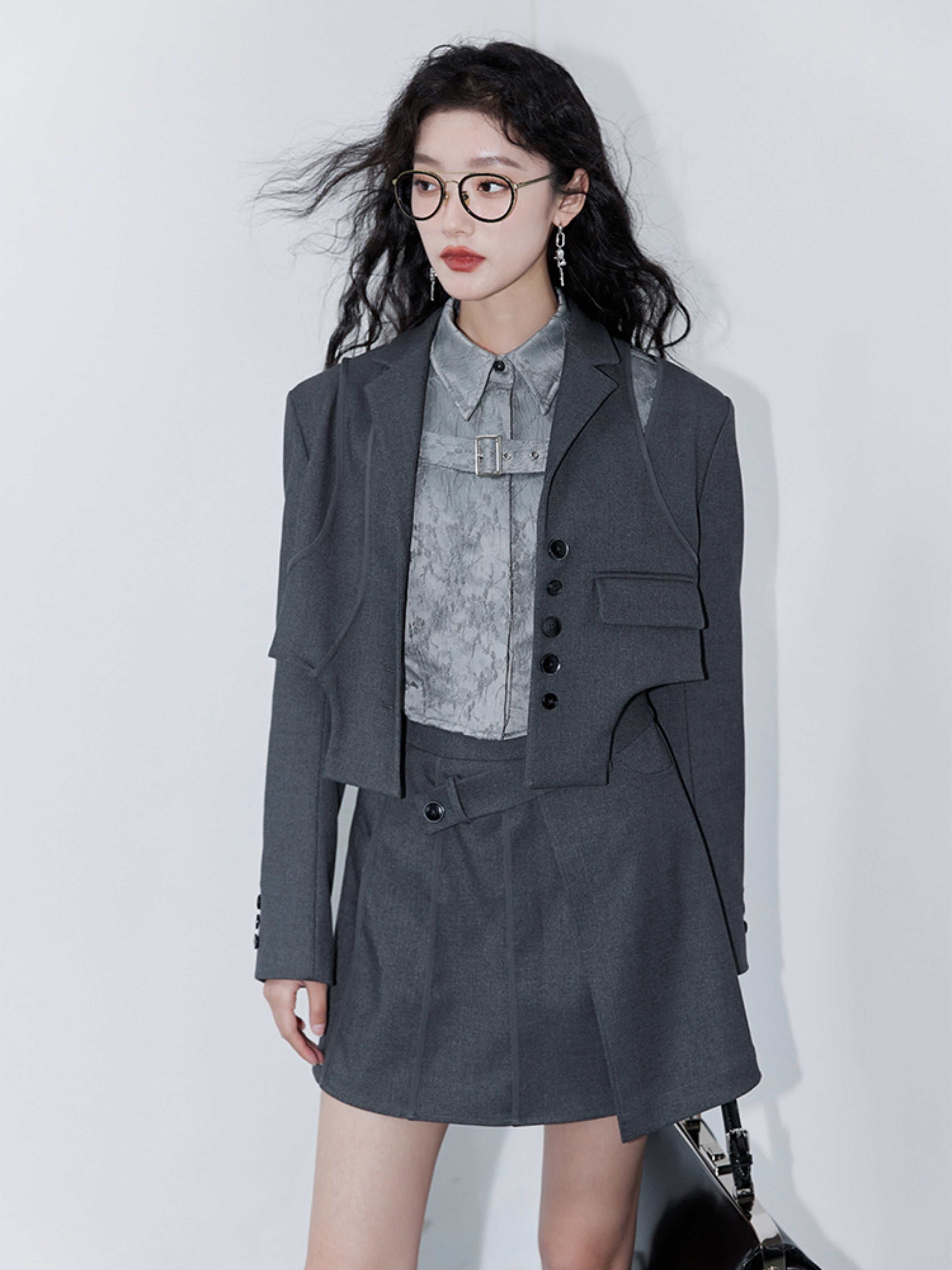College Style Design Jacket & Pleated Skirt & Jacquard Shirt