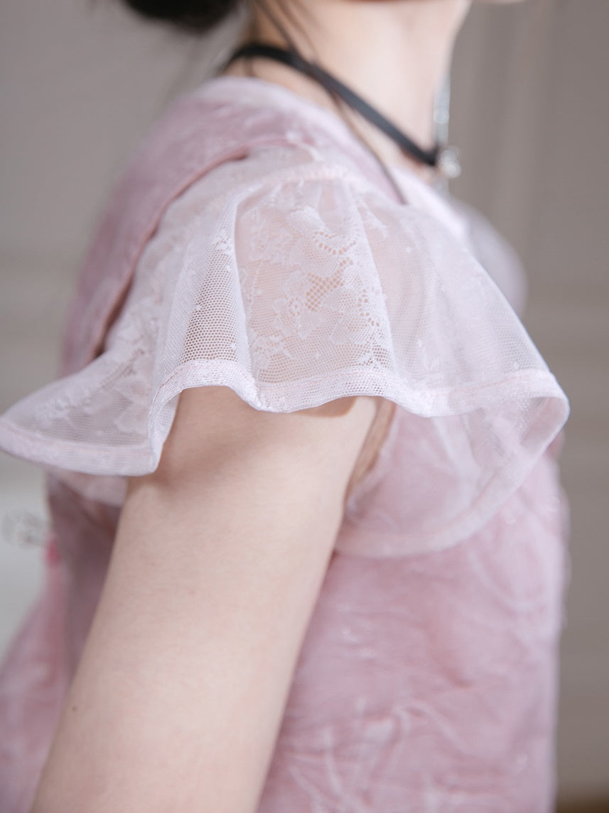 Small Flying Sleeve T-Shirt & Embossed Lace-Up Vest Setup & Long Skirt