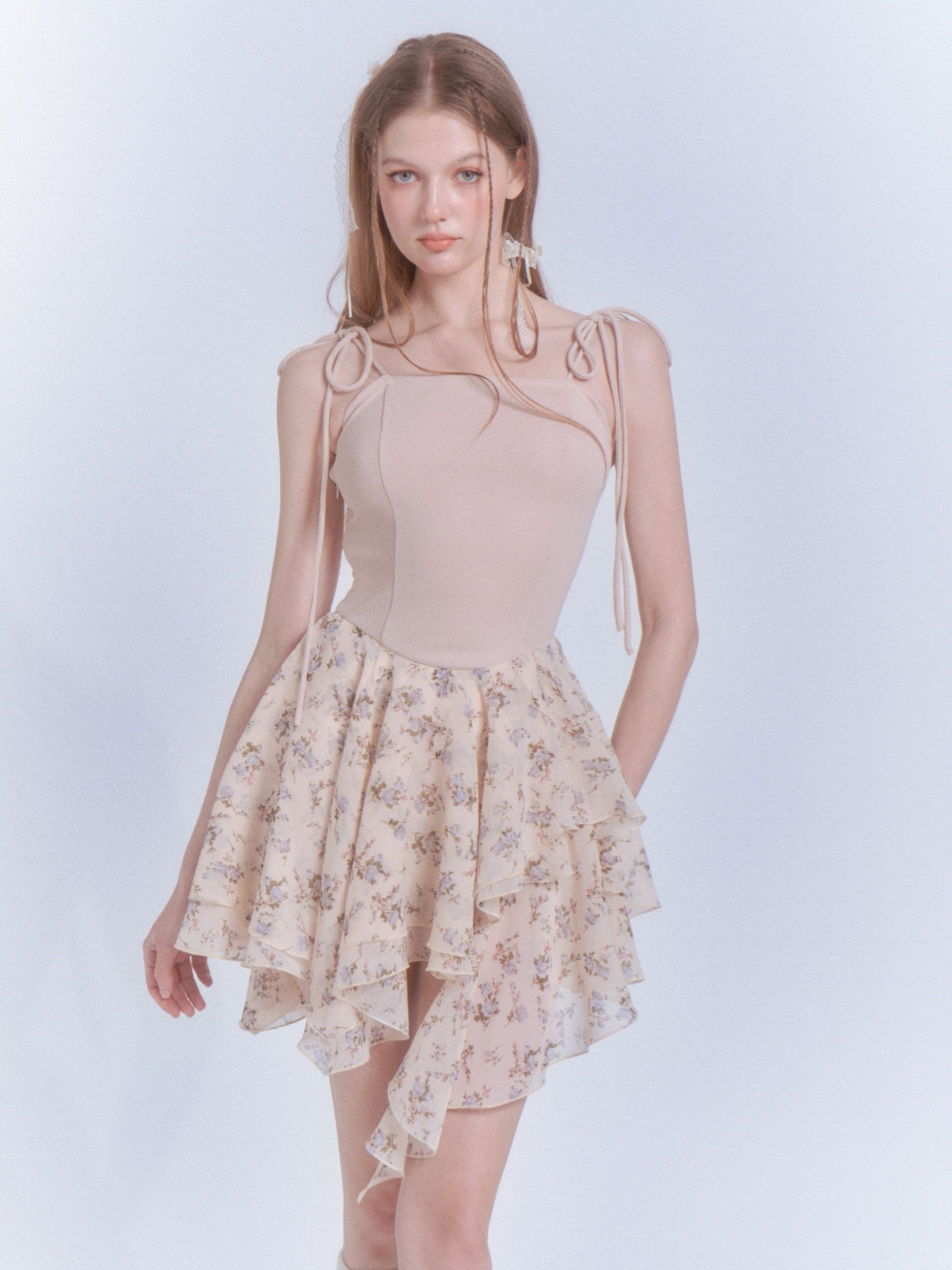 Knitted Floral Chiffon Irregular Hem Suspender Dress