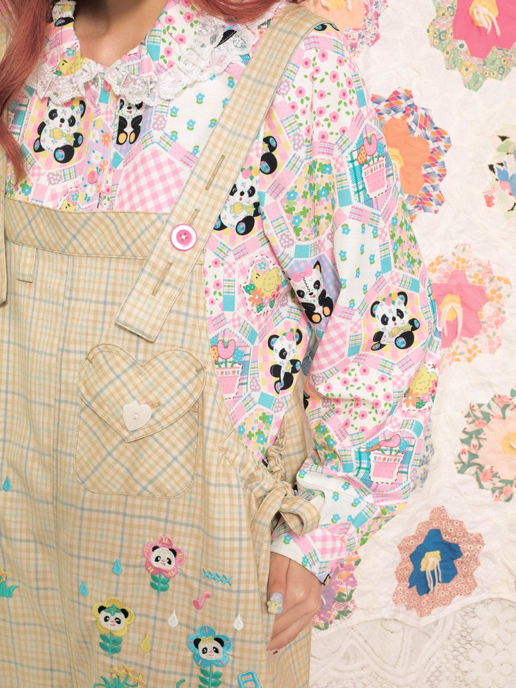 격자 무늬 팬더 자수 느슨한 바지