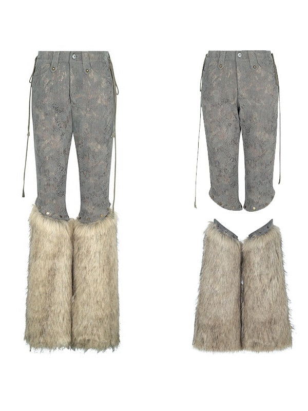 Removable Fur Splicing Snake Pattern Cropped Pants