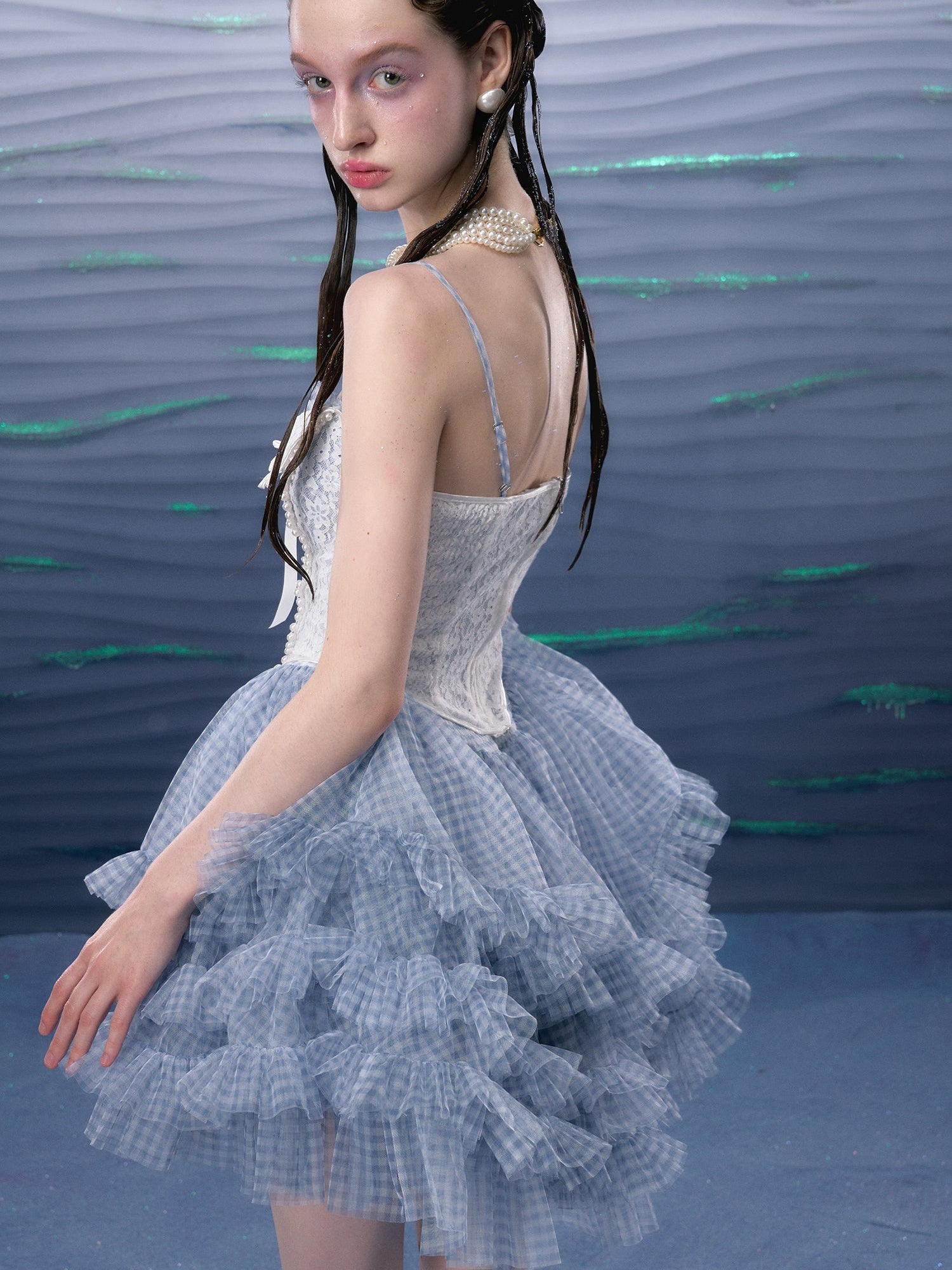 격자 무늬 메쉬 투투 서스펜더 드레스 & 레이스 진주 코르셋