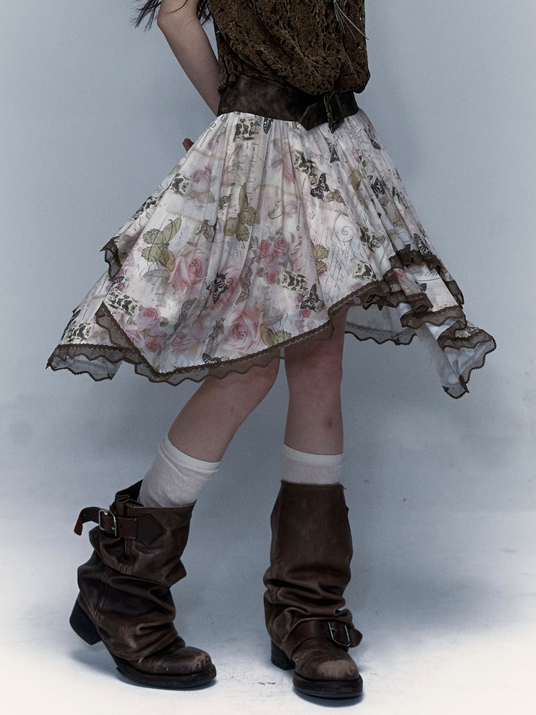 Retro Butterfly Print Splicing Irregular Skirt