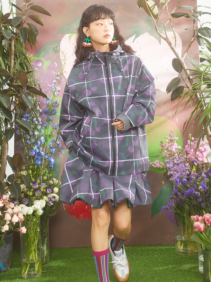 Gradient Cherry Plaid Printed Hooded Windbreaker Jacket & Flower Bud Skirt