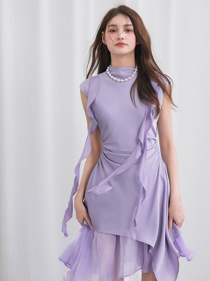Backless Panelled Gauze Waist Streamers Irregular Midi Dress