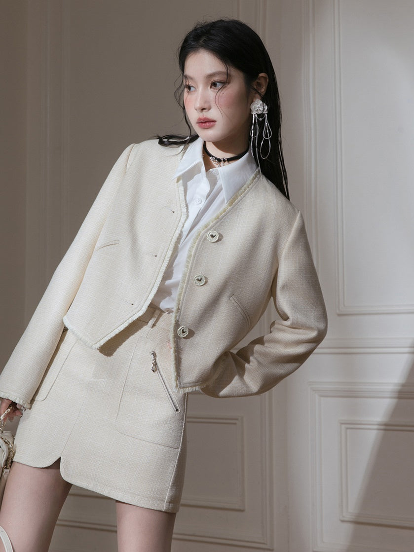 V-neck Small Fragrant Style Short Jacket & Skirt Set-up