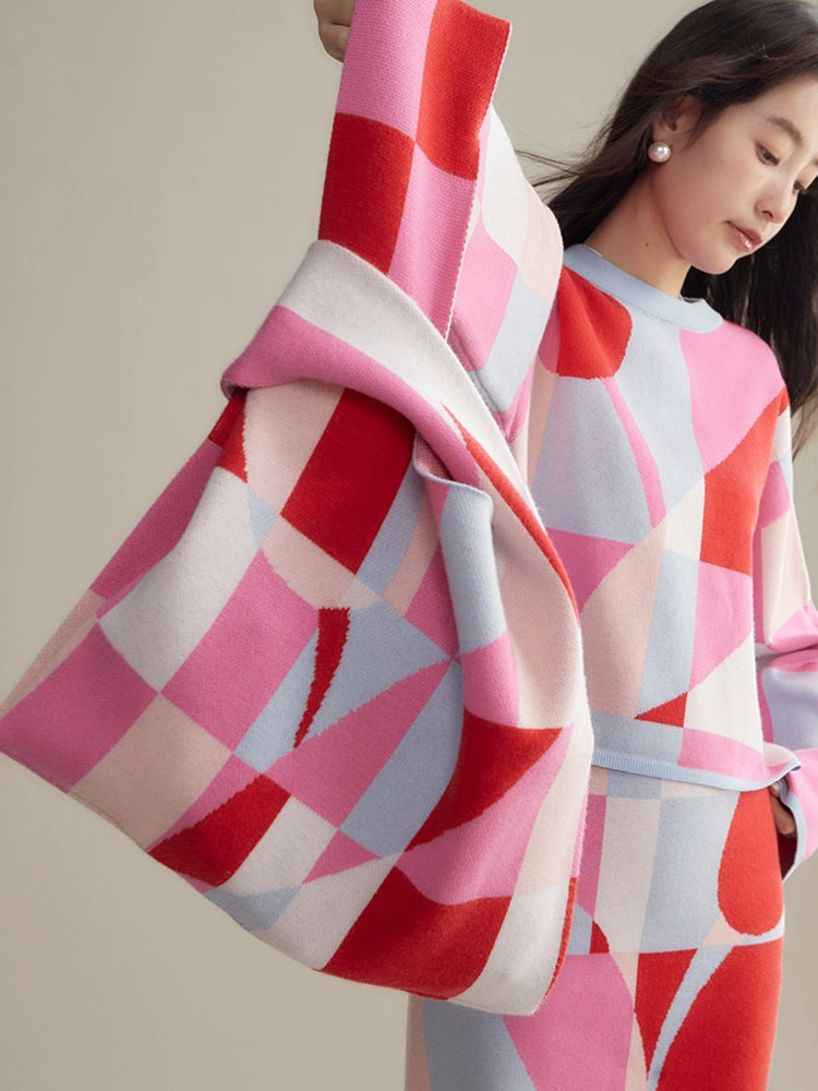 Mosaic Plaid Tulip Stole& Handbag & Knitted Sweater & Skirt