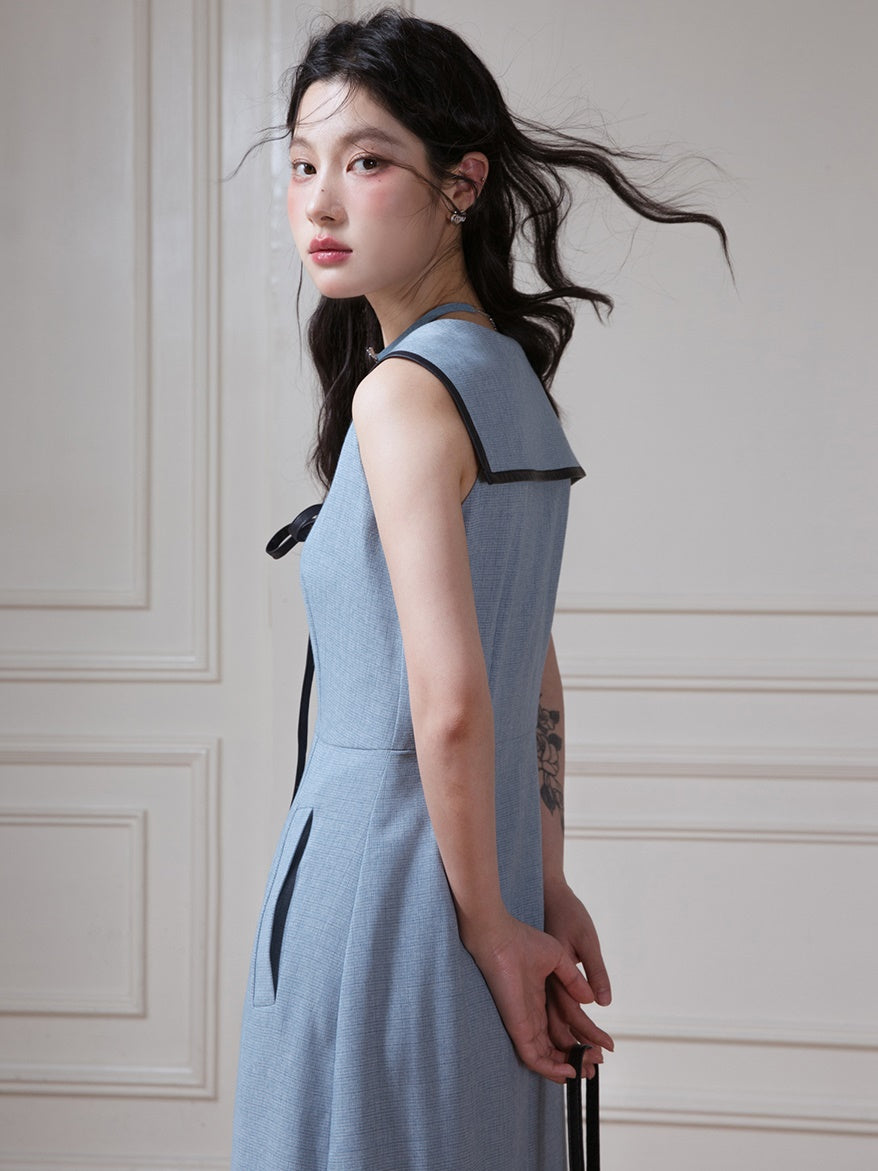 Navy Collar Sleeveless Pleated Hem Dress