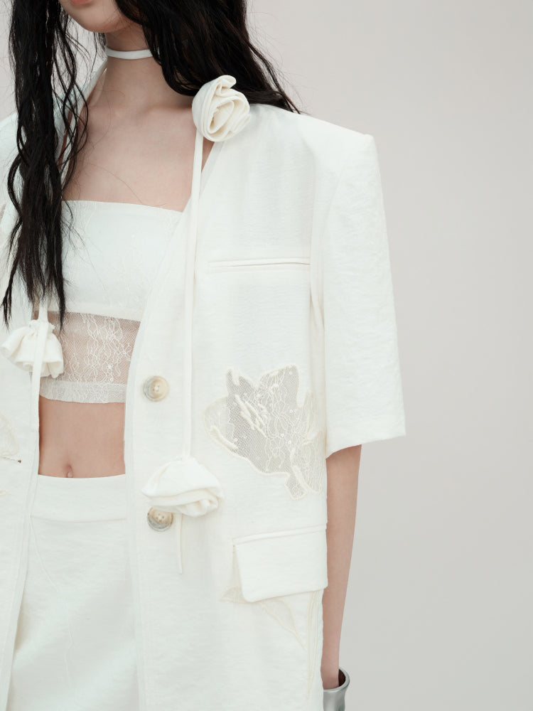 Carved Lace Embroidery Jacket & Camisole & Short Skirt