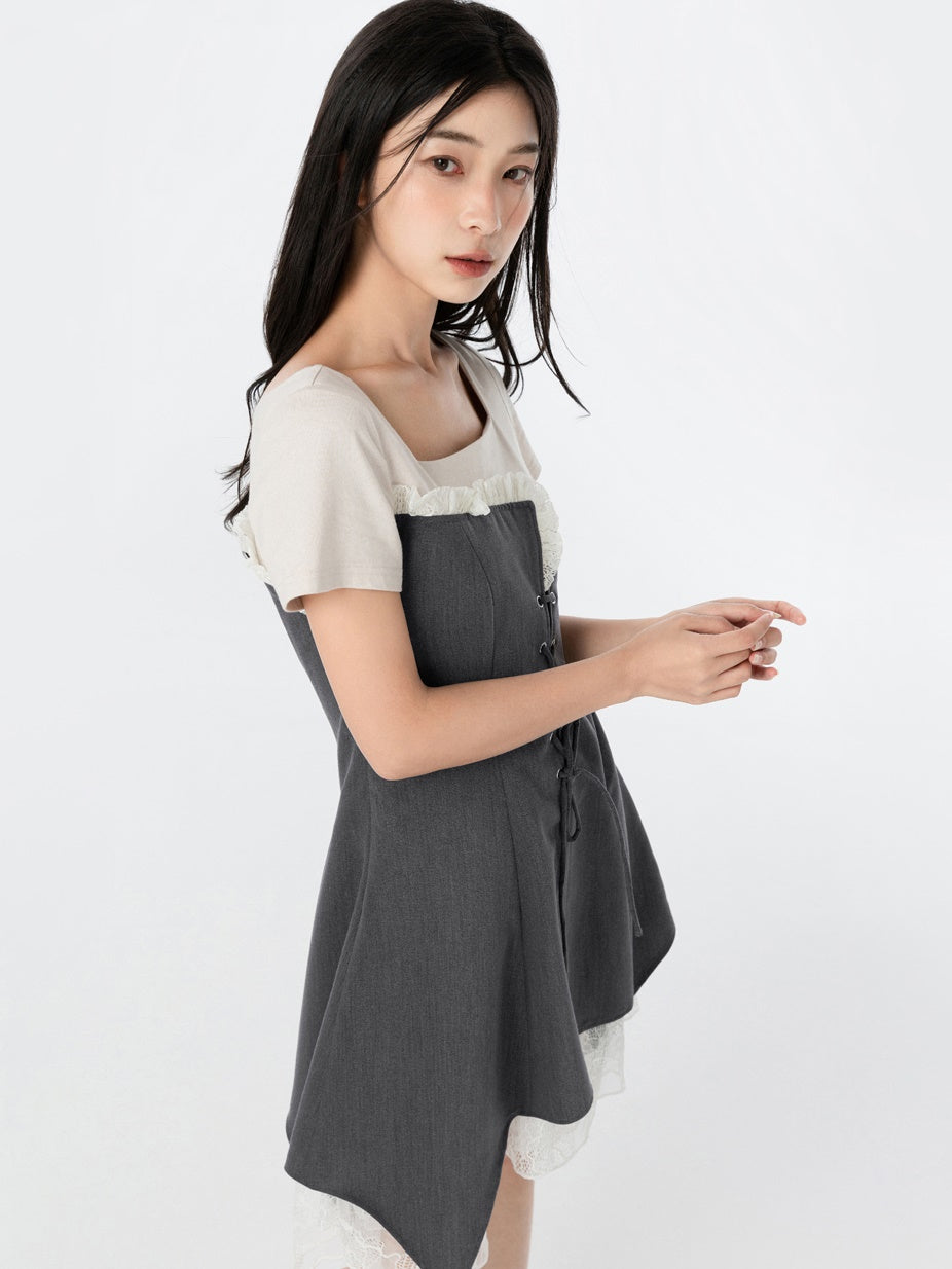 가짜 레이어 층 불규칙한 밑단 레이스 업 드레스