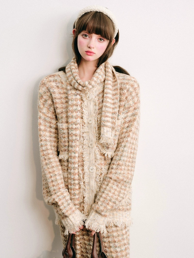 Knitted Fringe Cardigan Jacket With Stole & Long Skirt