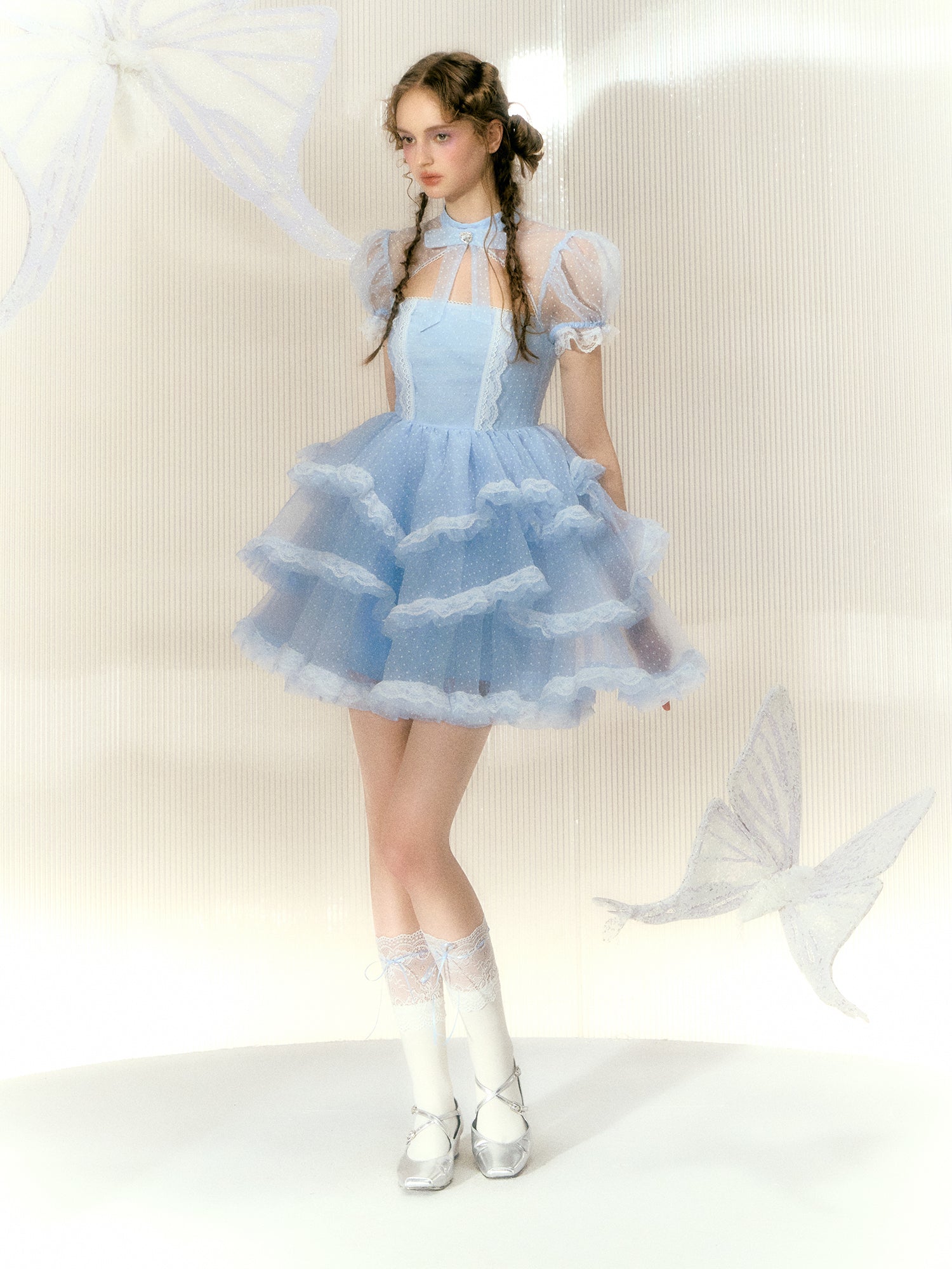 Polka Dot Rhinestone Bow Short-sleeved Lace Princess Dress