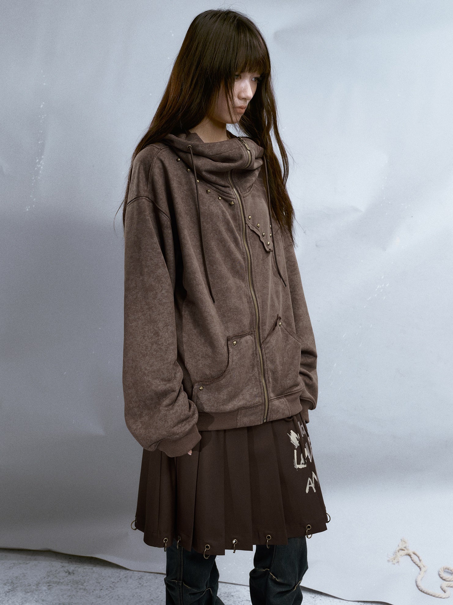 Rivet Distressed ZIP-Up Parka