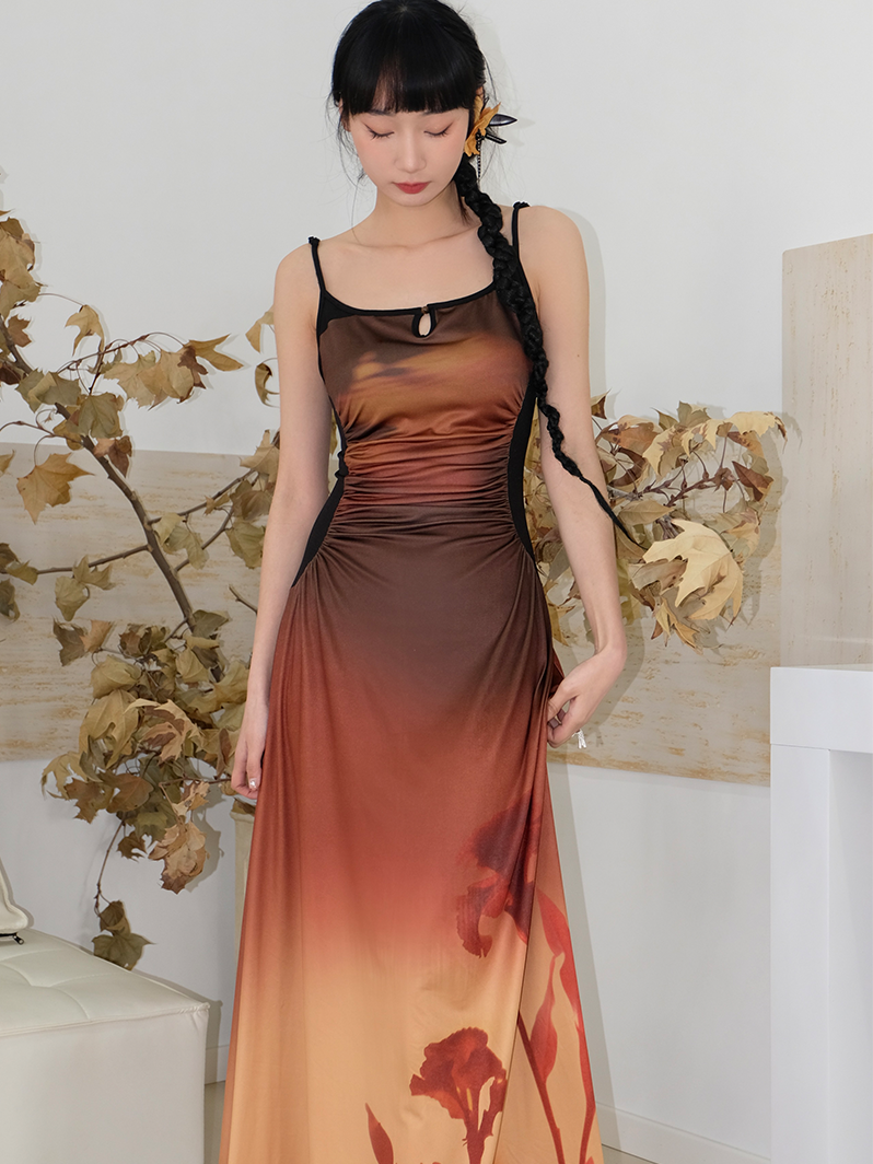 Gradation Printed Elastic Slim Fit Suspender Dress