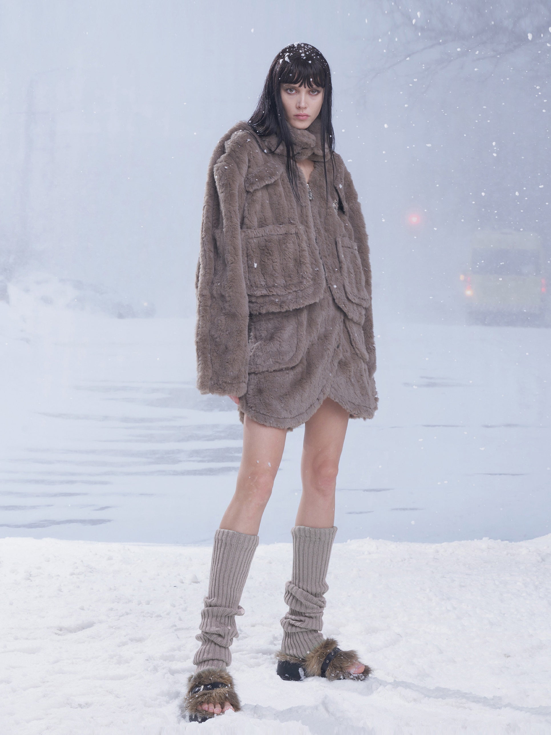 Fluffy Removable Collar Short Jacket & Wrap Design Skirt