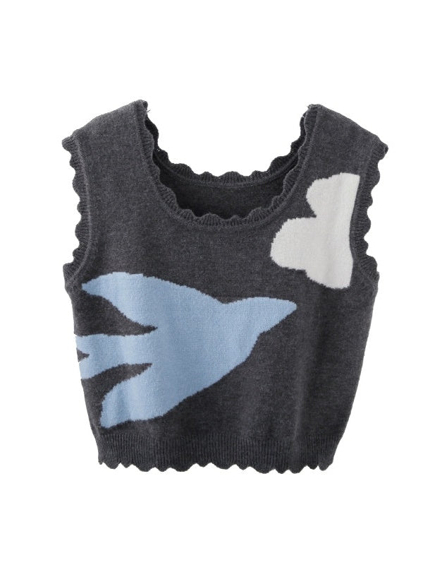 Rüschenkante Vogel Design Stricke Weste