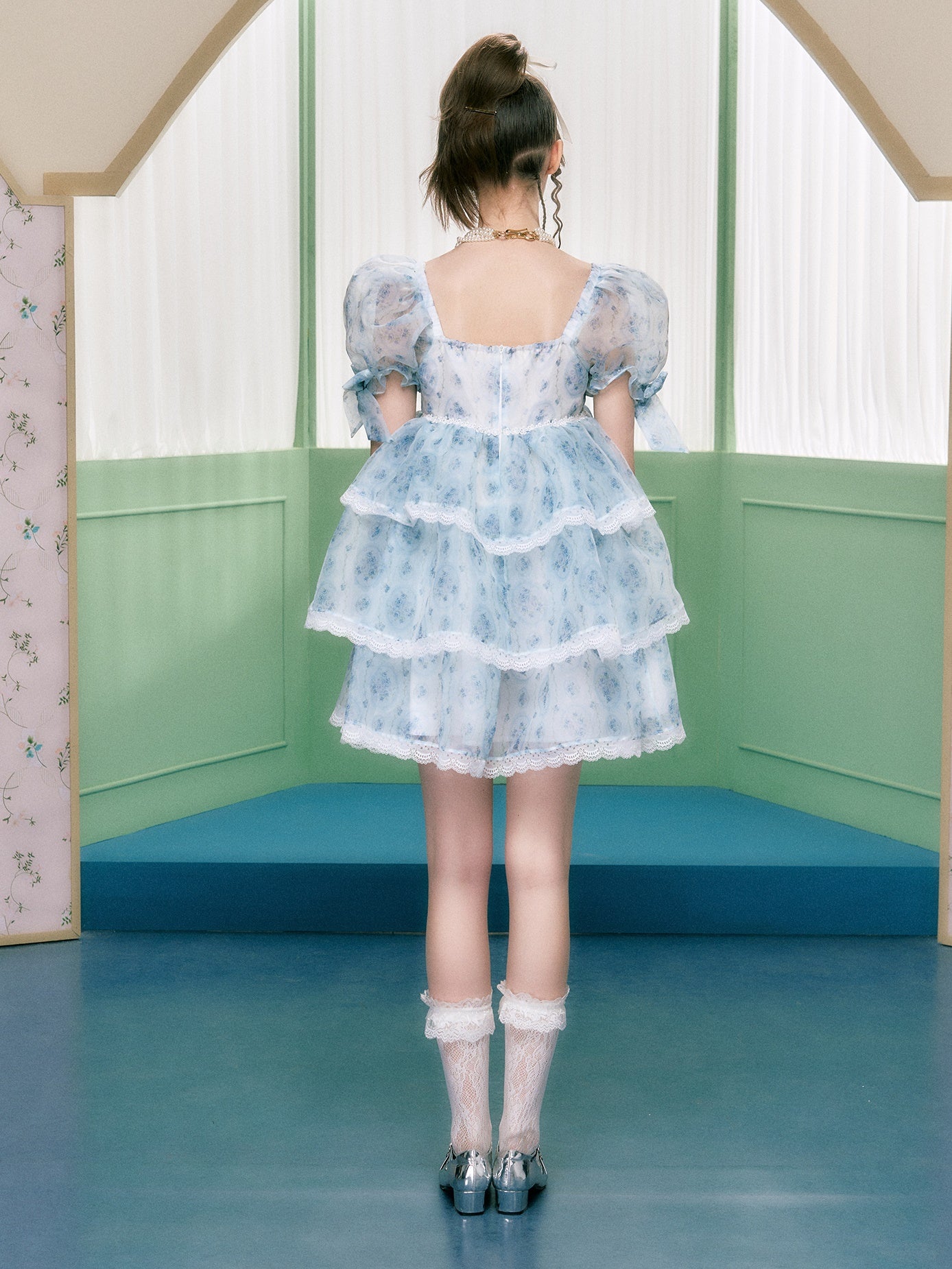 Organza Quadratkragen Puffhülsenkleid Kleid