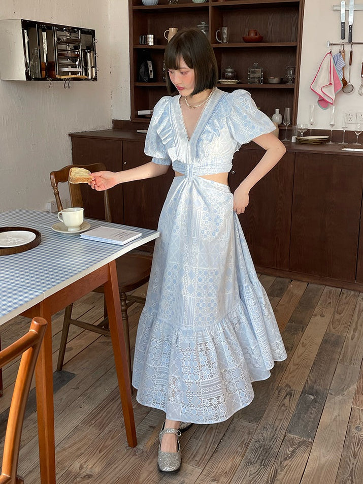 Hollow Lace Puff Sleeves Waistless Dress