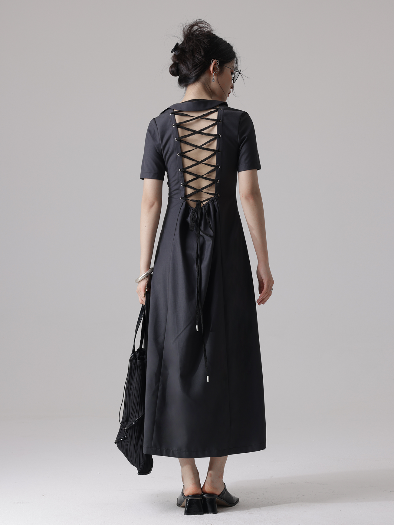 Futuristic Backless Lace-up Asymmetry Collar Dress