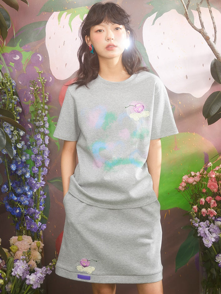 Cherry Embroidery Short Sleeve T-shirt & Sweat Straight Loose Skirt
