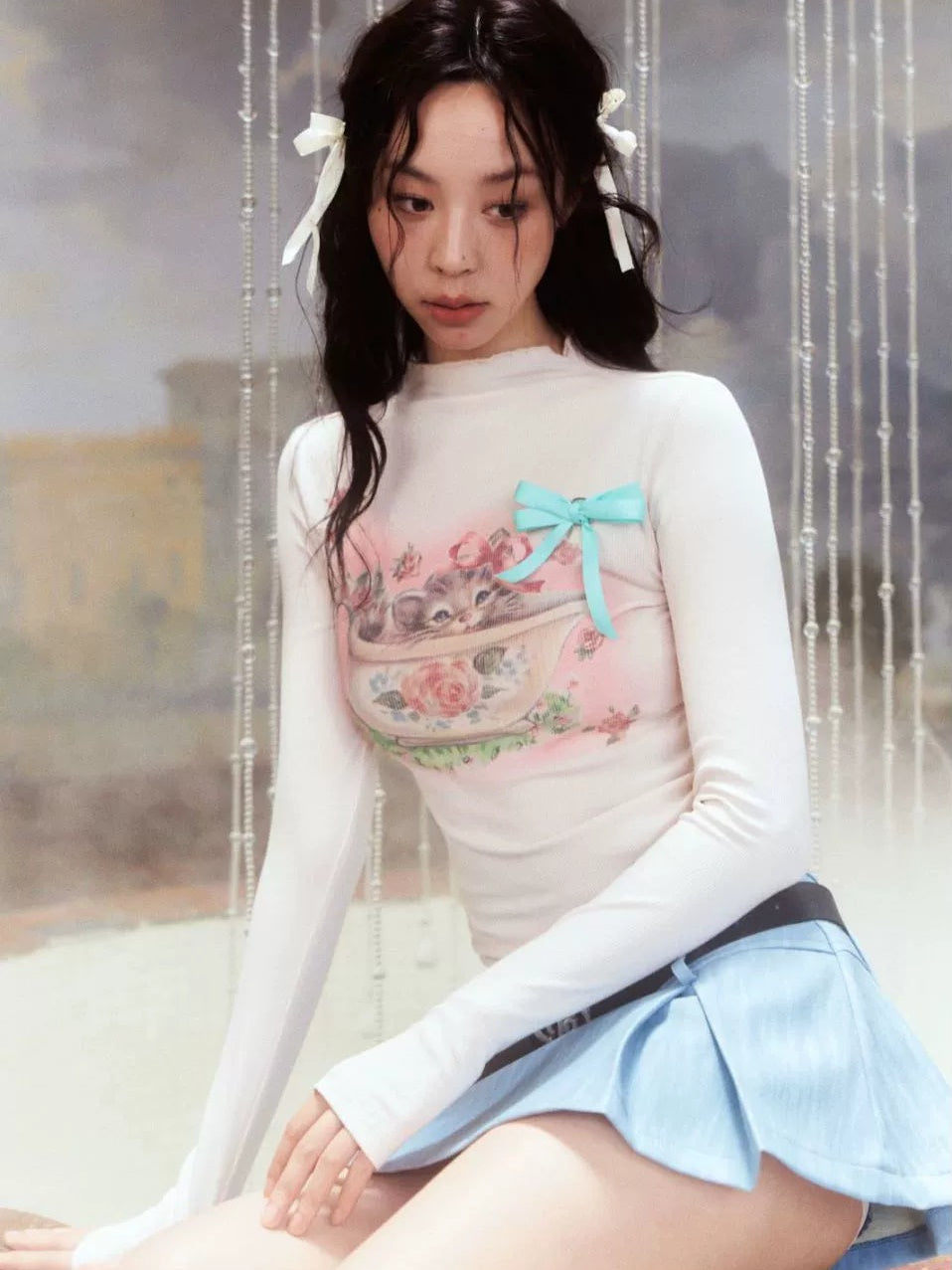 귀여운 고양이 프린트 긴팔 티셔츠