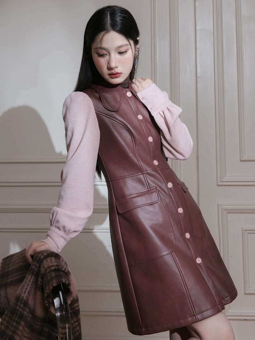 Knitted Sleeve Leather Dress
