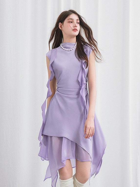 Backless Panelled Gauze Waist Streamers Irregular Midi Dress