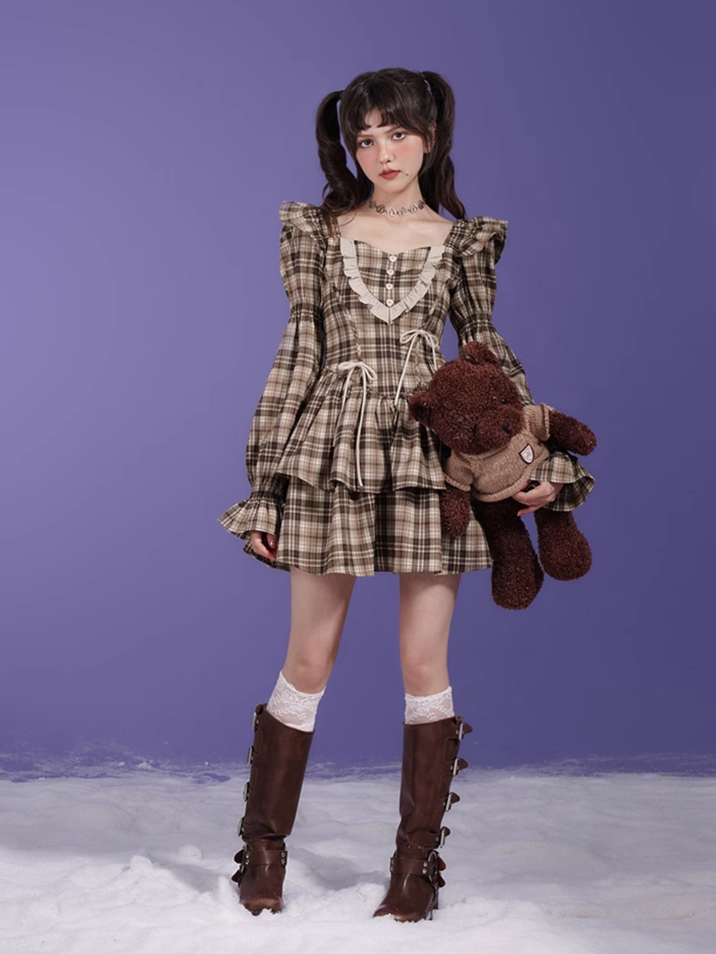 Karierte Bogen kleine fliegende Ärmeln Kleid