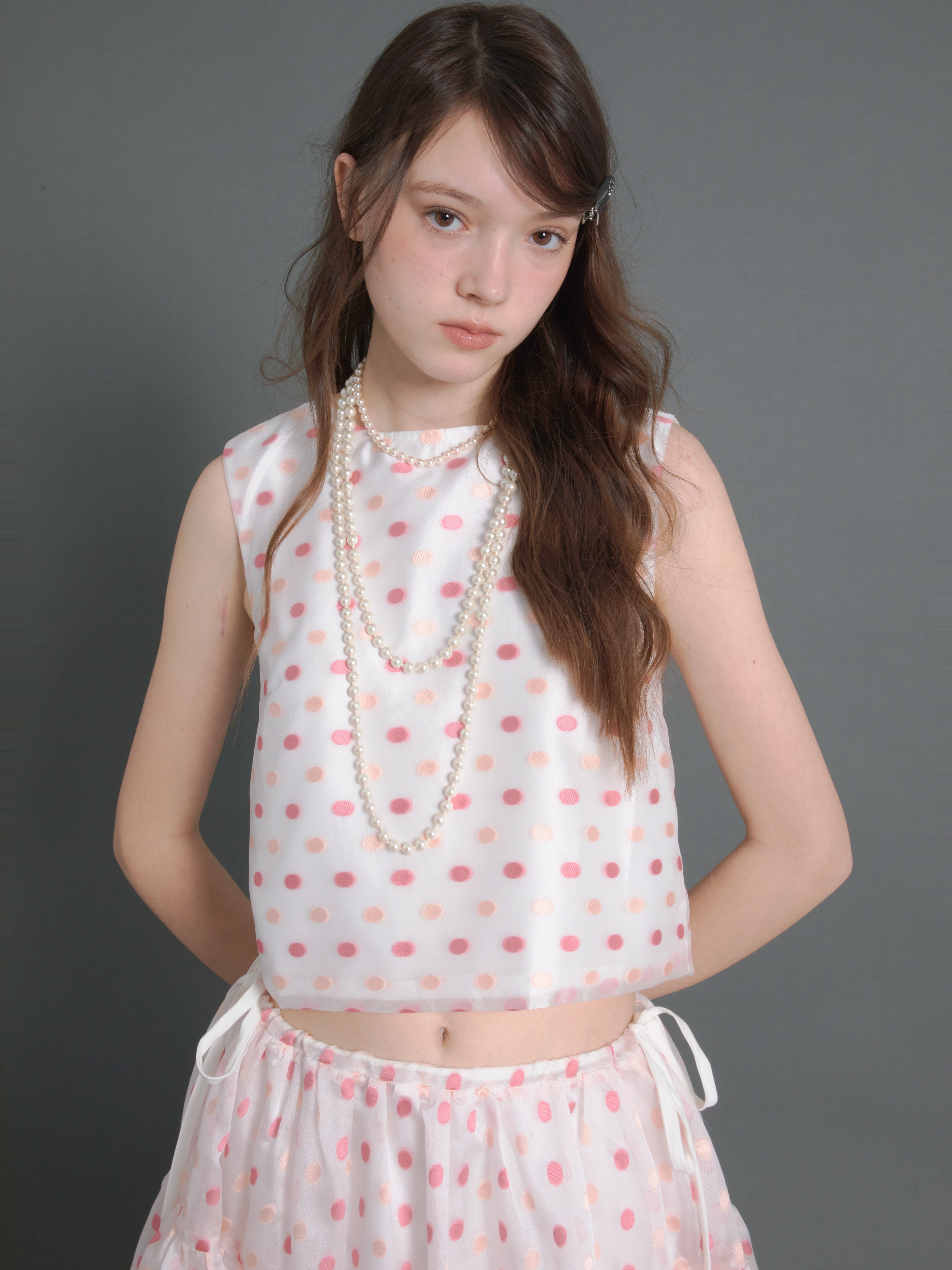 Polka Dot Sleeveless Back Ribbon Top & Gather Fluffy Skirt