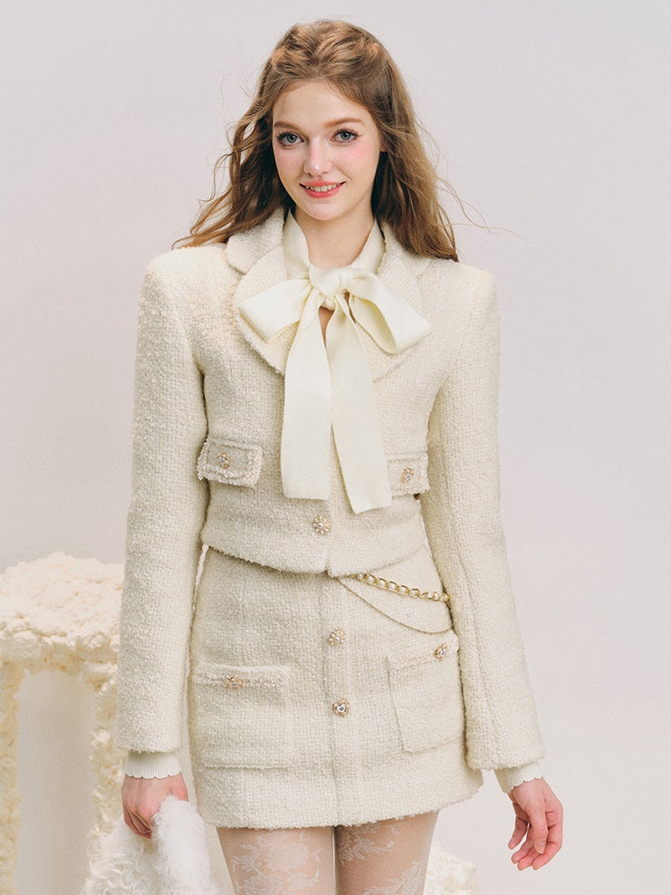 Tweed Cropped Slim Jacket & Pocket Design Mini Skirt