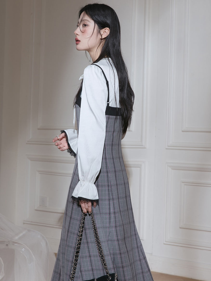 Plaid Suspender Jupe et Bow Tie Pullover Configuration