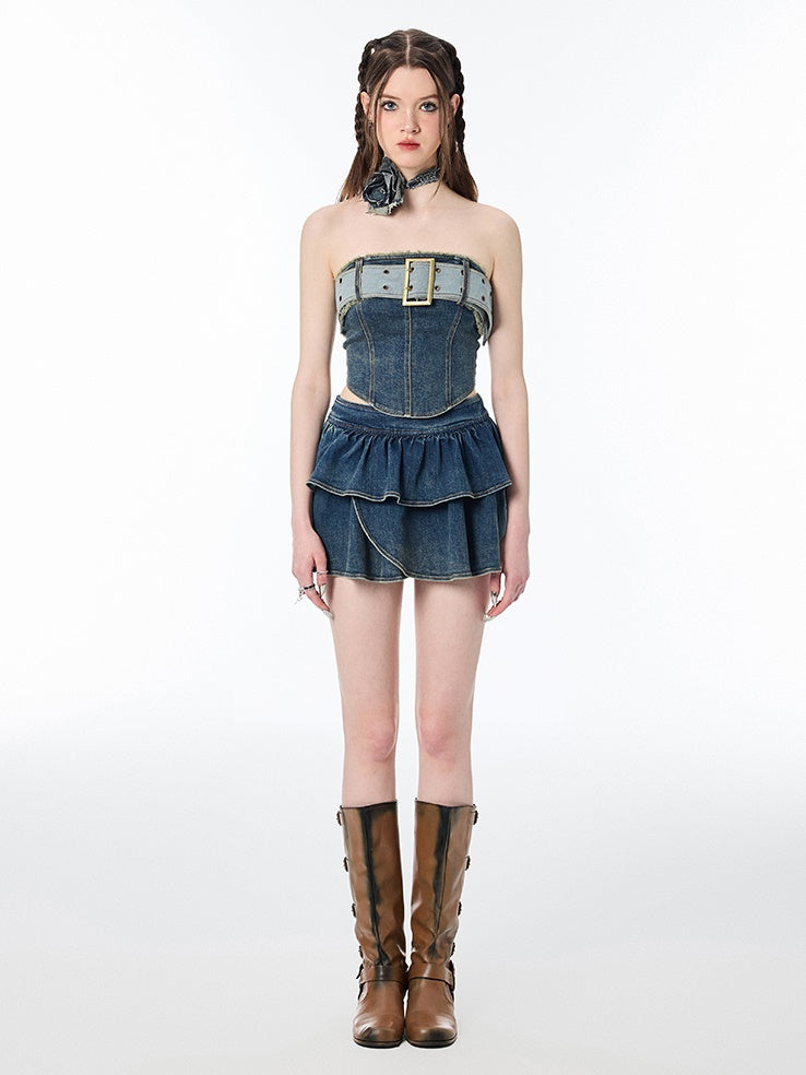 Top nue et jupe nue en denim doux et épicé et épicé