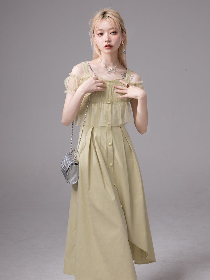 Mesh Sheer Top & Irregular Hem Sundress One-piece Set-up