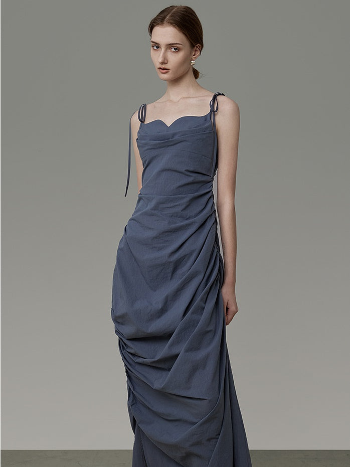 Curved Neckline Drape Suspender Dress